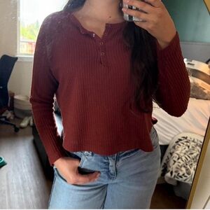 BP Ribbed Long Sleeve Henley Top - Burnt Orange